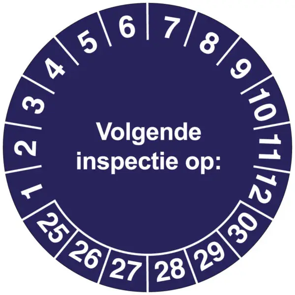 Volgende inspectie op keuringssticker - rond - donkerblauw wit - tekst volgende inspectie op met jaartallen en maanden