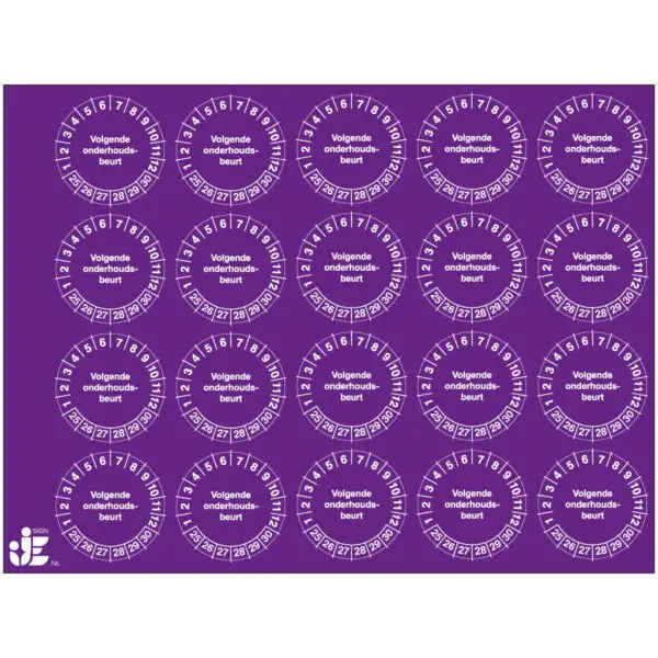 Volgende onderhoudsbeurt keuringssticker op vel - rond - paars wit - tekst volgende onderhoudsbeurt met jaartallen en maanden