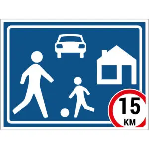 Woonerf verkeerspictogram - G5 - rechthoekig - blauw wit - blauwe achtergrond met symbool spelende kinderen, auto, huis en 15 km