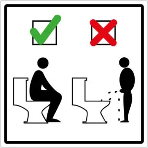 Zittend plassen pictogram - vierkant - zwart wit - symbool man die op toilet zit en man die staand plast