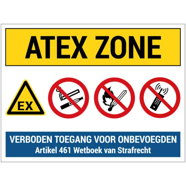ATEX zone ontploffingsgevaar opslag bouwplaats pictogram - rechthoekig - rood wit blauw geel zwart