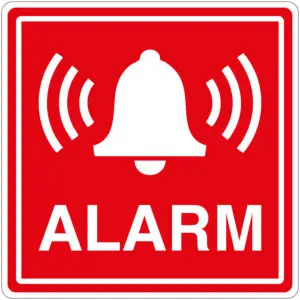 Alarm pictogram - rood wit - vierkant - tekst alarm en symbool bel met geluid
