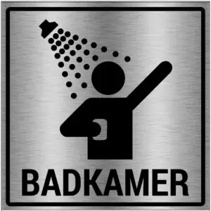 Badkamer pictogram - vierkant - grijs zwart - symbool persoon onder douche en tekst badkamer
