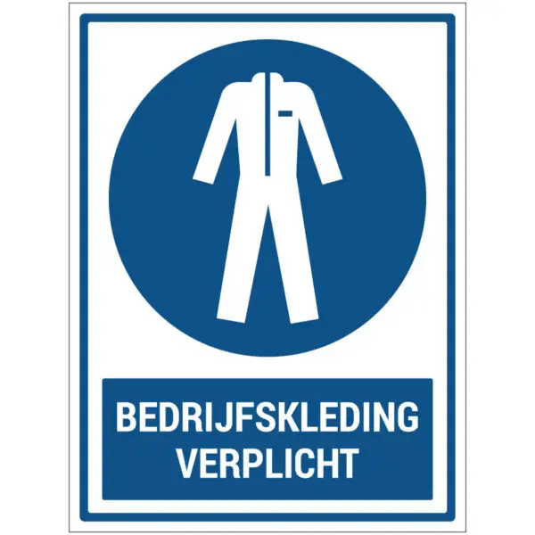 Bedrijfskleding verplicht pictogram met tekst - rechthoekig - blauw wit - symbool beschermpak en tekst bedrijfskleding verplicht