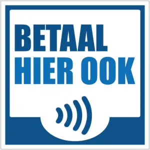 Betaal hier ook contactloos pinnen pictogram - vierkant - blauw wit - tekst betaal hier ook en symbool contactloos