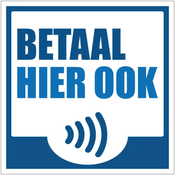 Betaal hier ook contactloos pinnen pictogram - vierkant - blauw wit - tekst betaal hier ook en symbool contactloos