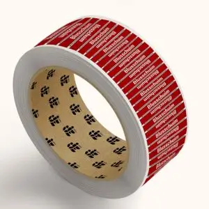 Blusschuim leidingmarkering sticker op rol - rood wit - rechthoekig - tekst blusschuim met rode achtergrond en pijl