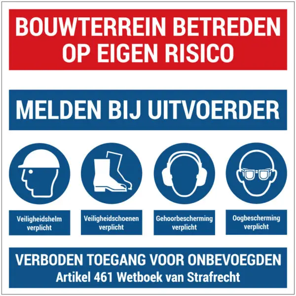 Bouwterrein melden bij uitvoerder bouwplaats pictogram - vierkant - rood wit blauw