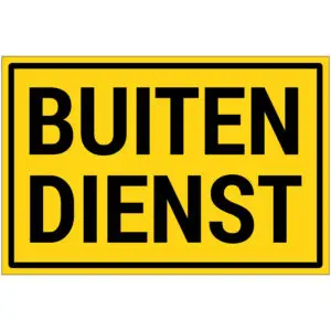 Buiten dienst pictogram - rechthoekig - geel zwart - tekst buiten dienst op gele achtergrond