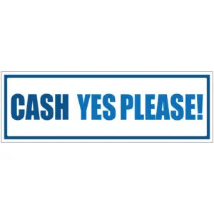 Cash yes please pinnen pictogram - rechthoekig - blauw wit - tekst cash yes please!
