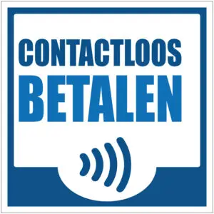 Contactloos betalen pinnen pictogram - vierkant - blauw wit - tekst contactloos betalen met symbool contactloos