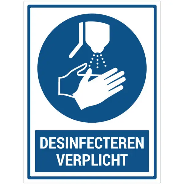 Desinfecteren verplicht pictogram met tekst - rechthoekig - blauw wit - symbool handen onder zeepdispenser en tekst desinfecteren verplicht