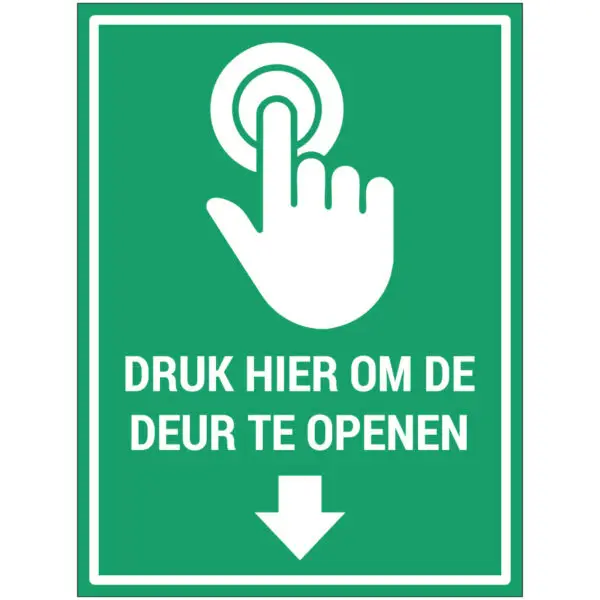 Deur openen pictogram - rechthoekig - groen wit - symbool vinger bij knop en pijl omlaag en tekst druk hier om deur te openen