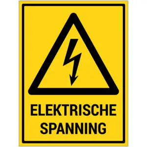 Elektrische spanning pictogram met tekst - rechthoekig - geel zwart - symbool bliksemschicht en tekst elektrische spanning