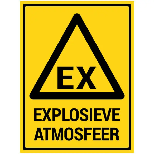 Explosieve atmosfeer pictogram met tekst - rechthoekig - geel zwart - symbool EX en tekst explosieve atmosfeer