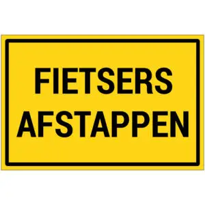 Fietsers afstappen pictogram - rechthoekig - geel zwart - tekst fietsers afstappen op gele achtergrond