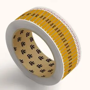 Gas leidingmarkering sticker op rol - geel zwart - rechthoekig - tekst gas met gele achtergrond en pijl