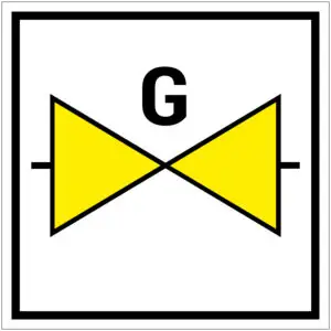 Gasafsluiter pictogram - vierkant - geel wit zwart - symbool G van gasafsluiter