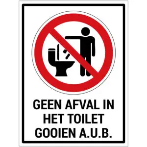 Geen afval in het toilet gooien pictogram met tekst - rood wit zwart - rechthoekig - tekst geen afval in het toilet gooien aub en symbool persoon die afval in toilet gooit met rode streep