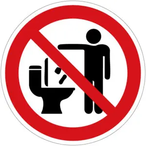 Geen afval in WC gooien verbodspictogram - rond - rood wit zwart - symbool persoon die afval in toilet gooit met rode streep
