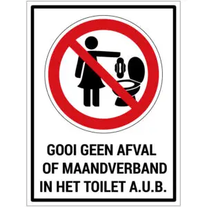 Gooi geen afval of maandverband in het toilet pictogram met tekst - rood wit zwart - rechthoekig - tekst gooi geen afval of maandverband in het toilet aub en symbool persoon die maandverband in toilet gooit met rode streep