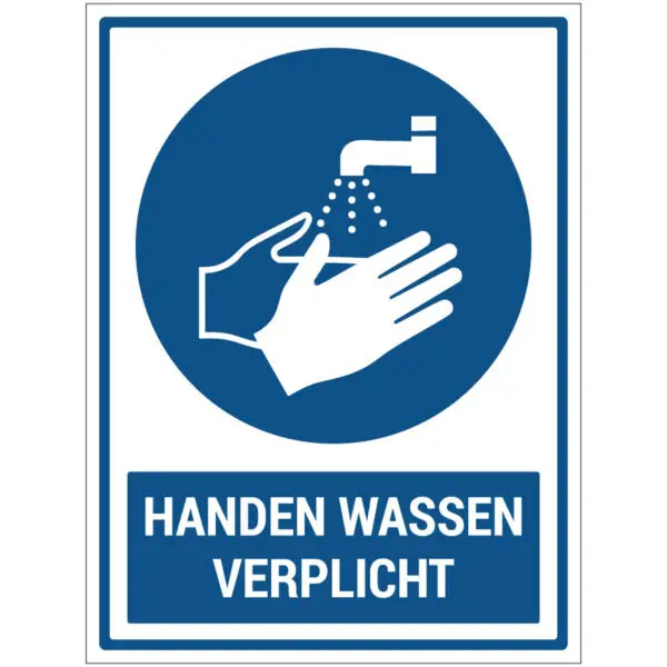 Handen wassen verplicht pictogram met tekst - rechthoekig - blauw wit - symbool handen onder kraan en tekst handen wassen verplicht