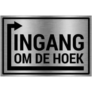 Ingang om de hoek links pictogram - rechthoekig - grijs zwart - tekst ingang om de hoek met pijl links om de hoek