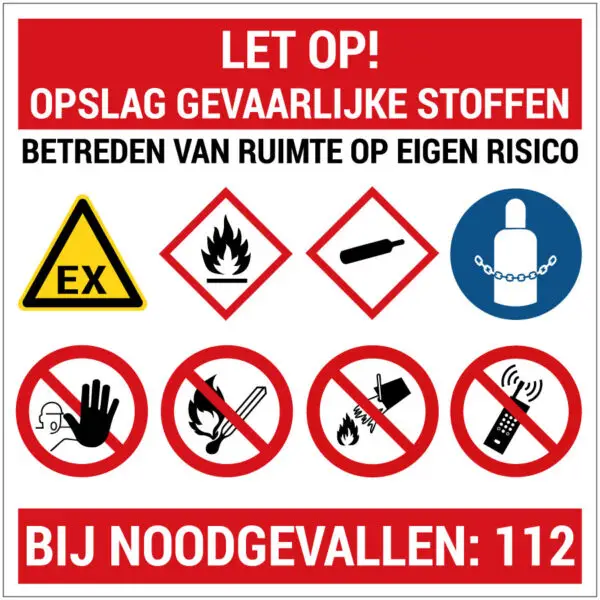 Let op opslag gevaarlijke stoffen bouwplaats pictogram - vierkant - rood wit blauw geel zwart
