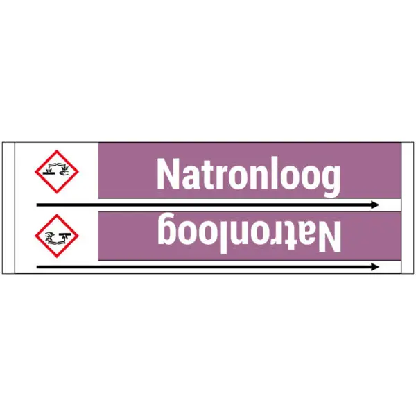 Natronloog leidingmarkering sticker - paars wit - rechthoekig - tekst natronloog met paarse achtergrond en pijl