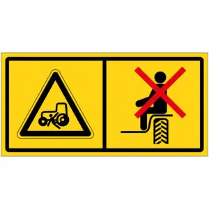Niet op rand tractor zitten door overrijdingsgevaar machine pictogram - rechthoekig - geel zwart - symbool persoon onder tractor en persoon op rand tractor met rood kruis op gele achtergrond