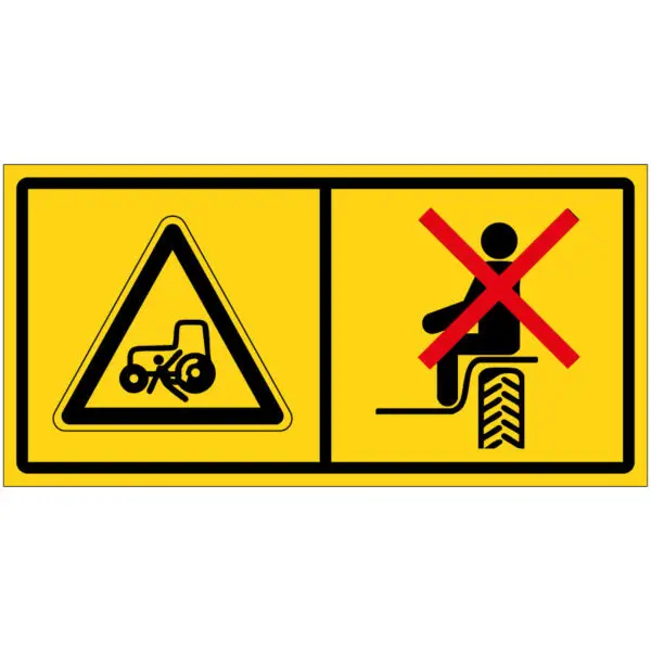 Niet op rand tractor zitten door overrijdingsgevaar machine pictogram - rechthoekig - geel zwart - symbool persoon onder tractor en persoon op rand tractor met rood kruis op gele achtergrond