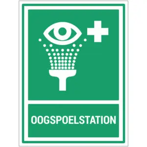 Oogspoelstation pictogram met tekst - rechthoekig - symbool oog en douchekop en kruisje met tekst oogspoelstation