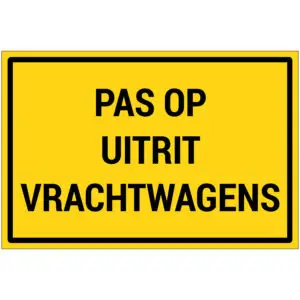 Pas op uitrit vrachtwagens pictogram - rechthoekig - geel zwart - tekst pas op uitrit vrachtwagens op gele achtergrond