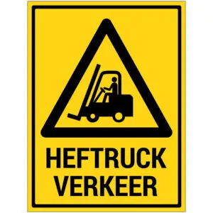 Pas op heftruckverkeer pictogram met tekst - rechthoekig - geel zwart - symbool heftruck en tekst heftruckverkeer