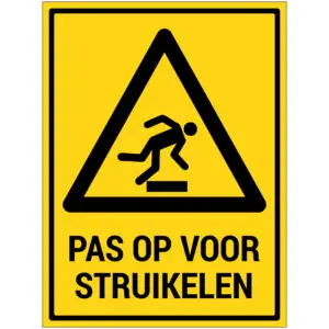 Pas op voor struikelen pictogram met tekst - rechthoekig - geel zwart - symbool struikelend persoon en tekst pas op voor struikelen