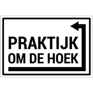 Praktijk om de hoek rechts pictogram - rechthoekig - wit zwart - tekst praktijk om de hoek met pijl rechts om de hoek