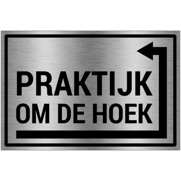 Praktijk om de hoek rechts pictogram - rechthoekig - grijs zwart - tekst praktijk om de hoek met pijl rechts om de hoek