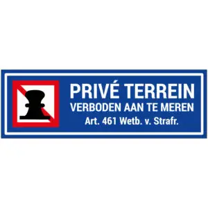 Privé terrein verboden aan te meren scheepvaart pictogram - blauw wit rood zwart - rechthoekig - tekst privé terrein verboden aan te meren art. 461 wetb. v. strafr.