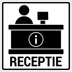 Receptie pictogram - vierkant - wit zwart - symbool persoon achter balie en tekst receptie