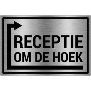 Receptie om de hoek links pictogram - rechthoekig - grijs zwart - tekst receptie om de hoek met pijl links om de hoek