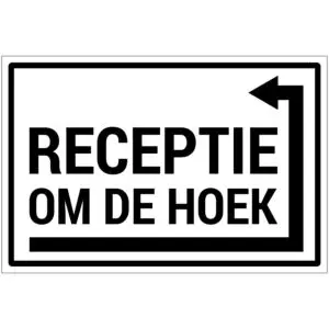 Receptie om de hoek rechts pictogram - rechthoekig - wit zwart - tekst receptie om de hoek met pijl rechts om de hoek