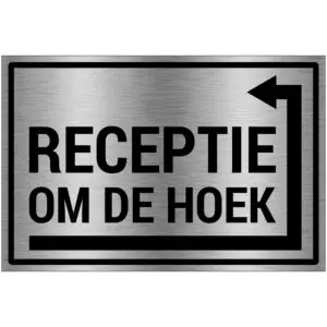 Receptie om de hoek rechts pictogram - rechthoekig - grijs zwart - tekst receptie om de hoek met pijl rechts om de hoek