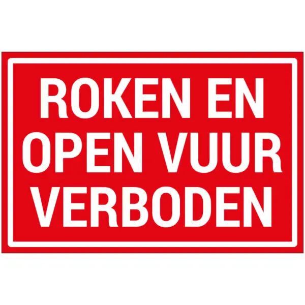 Roken en open vuur verboden pictogram - rechthoekig - rood wit - tekst roken en open vuur verboden op rode achtergrond