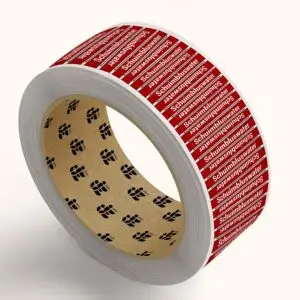 Schuimbluswater leidingmarkering sticker op rol - rood wit - rechthoekig - tekst schuimbluswater met rode achtergrond en pijl