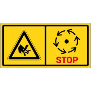 Snijgevaar wacht tot onderdelen stilstaan machine pictogram - rechthoekig - geel zwart - symbool mes door vingers en draaiende pijlen met tekst stop op gele achtergrond