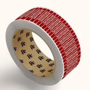 Sprinklerwater leidingmarkering sticker op rol - rood wit - rechthoekig - tekst sprinklerwater met rode achtergrond en pijl