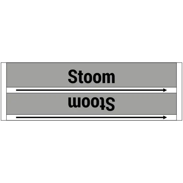 Stoom leidingmarkering sticker - grijs wit - rechthoekig - tekst stoom met grijze achtergrond en pijl