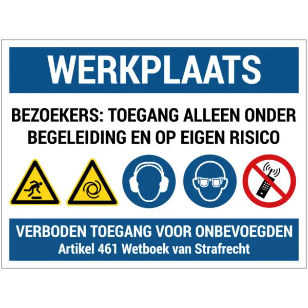 Toegang werkplaats alleen onder begeleiding bouwplaats pictogram - rechthoekig - rood wit blauw geel zwart