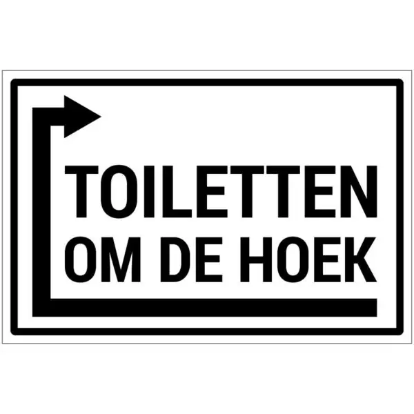 Toiletten om de hoek links pictogram - rechthoekig - wit zwart - tekst toiletten om de hoek met pijl links om de hoek