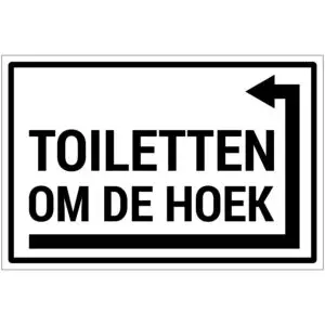 Toiletten om de hoek rechts pictogram - rechthoekig - wit zwart - tekst toiletten om de hoek met pijl rechts om de hoek